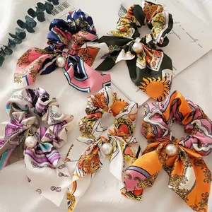 Vintage Satin Ribbon Scrunchie With Faux Artificial Pearl Pendant Baroque Chain Print Elastic Hair Tie For Women Hair Accessories