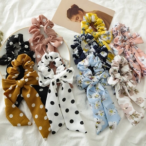 Polka dot and floral chiffon hair scrunchies with long ribbon bows for women ponytail