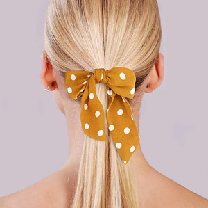 Polka dot mustard yellow long bow hair tie scrunchie for women ponytail styling