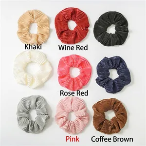 Set of 9 pleated satin hair scrunchies in various solid colors for women hair styling