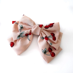 Pince à cheveux en mousseline rose avec nœud imprimé cerise pour femme, accessoire