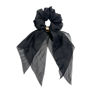 Elegant black pleated chiffon hair scrunchie with long ribbons and golden metal buckle