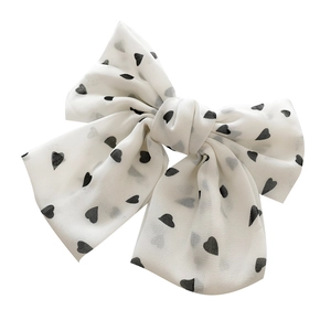 Sweet double-layered white chiffon bow hair clip with black heart pattern print
