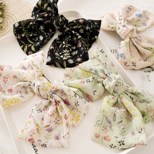 Sweet Chiffon Fabric Floral Print Large Bow Hair Clip Double Layer Knotted Barrette For Women Korean Style Hair Accessory