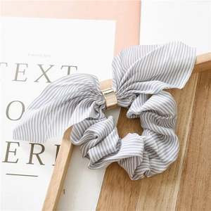 Striped chiffon bunny ear scrunchie in grey and white with elegant gold metal ring