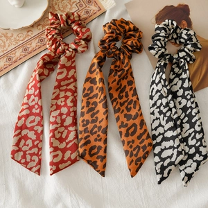 French Vintage Leopard Print Satin Ribbon Scrunchie For Women Fashion Satin Like Fabric Hair Tie Long Bow Streamer Headwear
