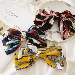 French Vintage Large Satin Bow Hair Clip For Women Retro Chain Print Elegant Triple Layer Spring Clip Hair Accessories