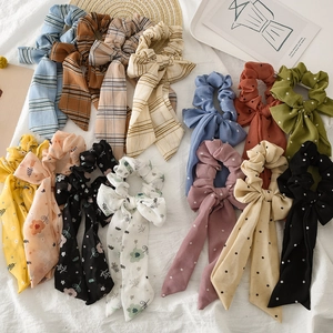 Chouchous en Chiffon avec Nœud et Long Ruban Motif à Pois Carreaux Élastiques à Cheveux Style Français pour Femmes