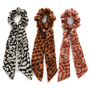 Leopard print satin hair scrunchies with long ribbons in three stylish patterns