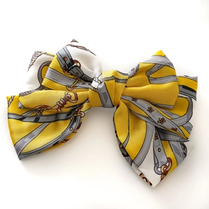Three-layer satin bow hair clip featuring vintage equestrian scarf pattern and metal buckle
