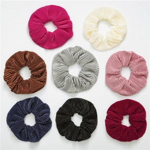 Set of 8 pleated satin hair scrunchies in various colors with metallic silk texture