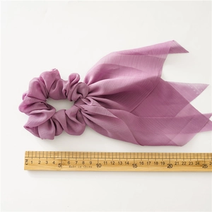 Deep purple chiffon bow scrunchie with long ribbons and tassels, size measure view
