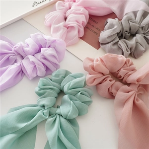 Set of 5 pastel chiffon bow hair scrunchies with long ribbons for women's hair styling