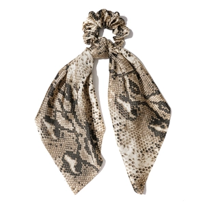 Retro hair scarf scrunchie with earth tone snake print design and long streamers