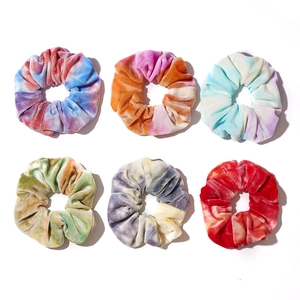 Set of 6 tie-dye gold velvet scrunchies with elastic hair bands in various gradient colors