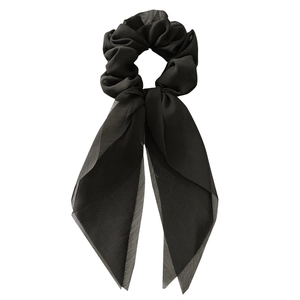 Elegant black chiffon scrunchie with long ribbon bow and flowing tassels for women