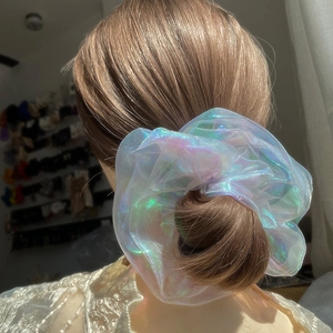 Holographic organza oversized scrunchie with iridescent shimmer for high-stretch hair styling