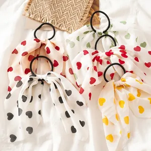 Chouchous pour Cheveux à Nœud Papillon avec Imprimé Cœur pour Femmes Élastiques en Mousseline de Soie Ruban Style Frais Accessoires