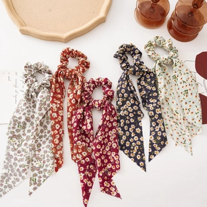 Floral Chiffon Scrunchie Ribbon With Long Streamer Sunflower Printed Elastic Hair Band Bowknot Ponytail Holder Hair Accessory
