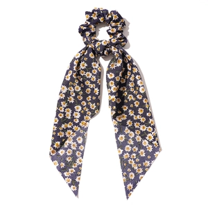 Floral sunflower scrunchie with long streamers in navy blue for women hair styling