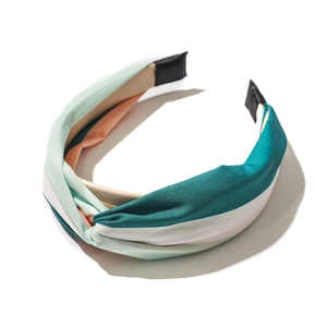 Cross-knot wide headband with stylish teal and beige color-block satin fabric