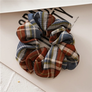 Chouchou classique à carreaux bleu et orange en mousseline douce pour femmes