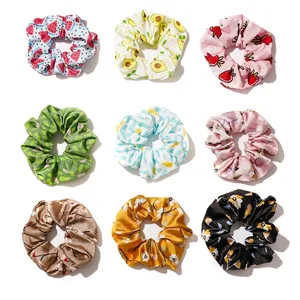 Japanese Ins Style Fruit Floral Print Hair Scrunchies Sweet Fabric Satin Texture Elastic Hair Band Daily Hair Accessories For Women