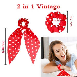 Detail view of retro red polka dot scrunchie with detachable long scarf and size specs