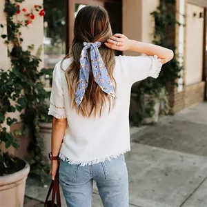 Floral print blue chiffon hair scarf tie for women styled on a low ponytail