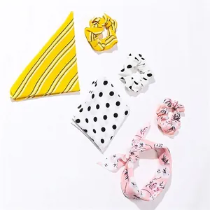 6-piece hair accessories set including floral, striped and polka dot scrunchies and ribbons