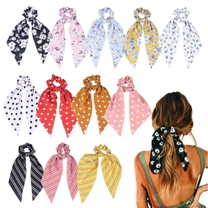 Chiffon Bow Scarf Scrunchies For Women Floral Striped Polka Dot Hair Ties With Long Streamer Boho Sweet Ponytail Holder Accessories