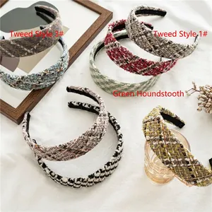 French vintage tweed and houndstooth headbands set on elegant white fabric background