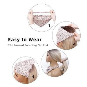 Floral headscarf detail showing four simple steps to wear the elastic bandana properly