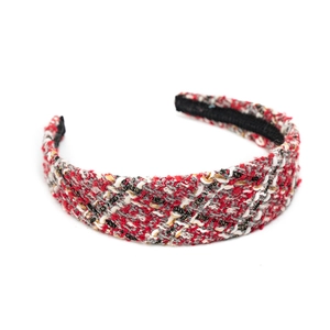 Luxurious red tweed wide headband with classic braided patterns and non-slip inner lining