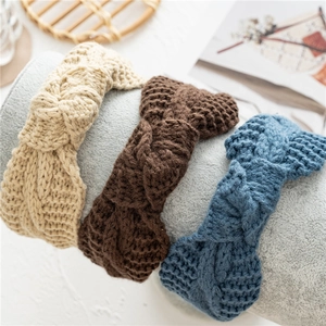 Bandeau à nœud en tricot torsadé beige marron et bleu pour l'hiver femme