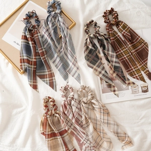 Chouchou Vintage à Carreaux Avec Ruban Pour Femmes Attache Queue de Cheval en Tissu Rétro Accessoires Cheveux