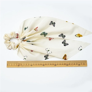 Chiffon butterfly pattern scrunchie with long ribbons in cream white color