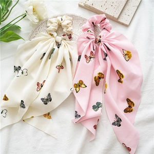 Elegant floral butterfly chiffon hair scrunchies with long ribbons in cream and pink