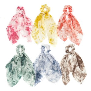 Women Fashion Tie-Dye Fabric Scarf Scrunchie With Long Ribbon Boho Style Vintage Hair Tie Ponytail Holder Hair Accessories