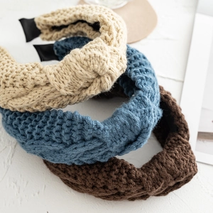 Serre-tête en Tricot à Nœud pour Femmes Automne Hiver Bandeau Large Torsadé Couleur Unie Élastique en Fil Chaud