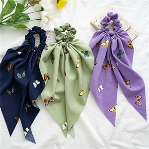 Three elegant chiffon butterfly print hair scrunchies with long ribbons in assorted colors
