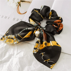 Black satin hair scrunchie with vintage gold chain print and pearl pendant