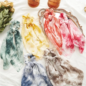 Collection of six tie-dye chiffon hair scrunchies with long ribbons in vibrant colors