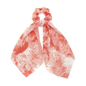 Tie-dye orange and white ribbon hair scrunchie with long scarf streamers for women