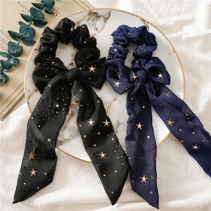 Elegante Chiffon Haargummis mit Sternenmuster und langen Bändern in Schwarz und Blau