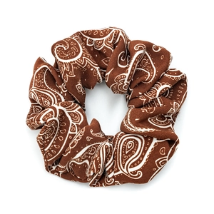 Brown vintage paisley print oversized scrunchie hair tie for women on white background