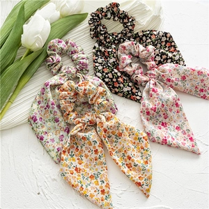 Pastoral Floral Print Scrunchies With Streamer Bow Soft Chiffon Fabric Hair Ties Elegant Ponytail Holder For Women Girls Hair Accessories