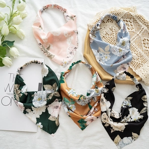 Five-pack set of floral satin triangle headbands with elastic bands in various colors