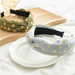 Detail of Korean style wide chiffon headbands with polka dot embroidery and twist knot