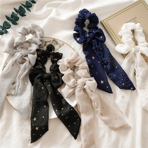 Chiffon Schleife Scrunchies Mit Gold Stern Druck Langes Band Ponytail Halter Süße Elastische Haargummis Für Damen Täglich Haarschmuck
